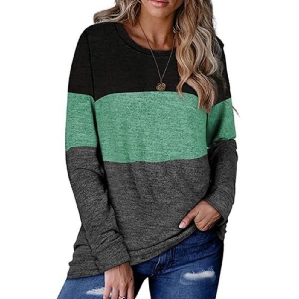 Black and green color block stripe long sleeve knit top size medium